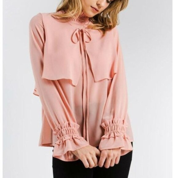Blush Pink Ruffle Smock Neck Detail Bell Sleeve Blouse - Picture 1 of 4